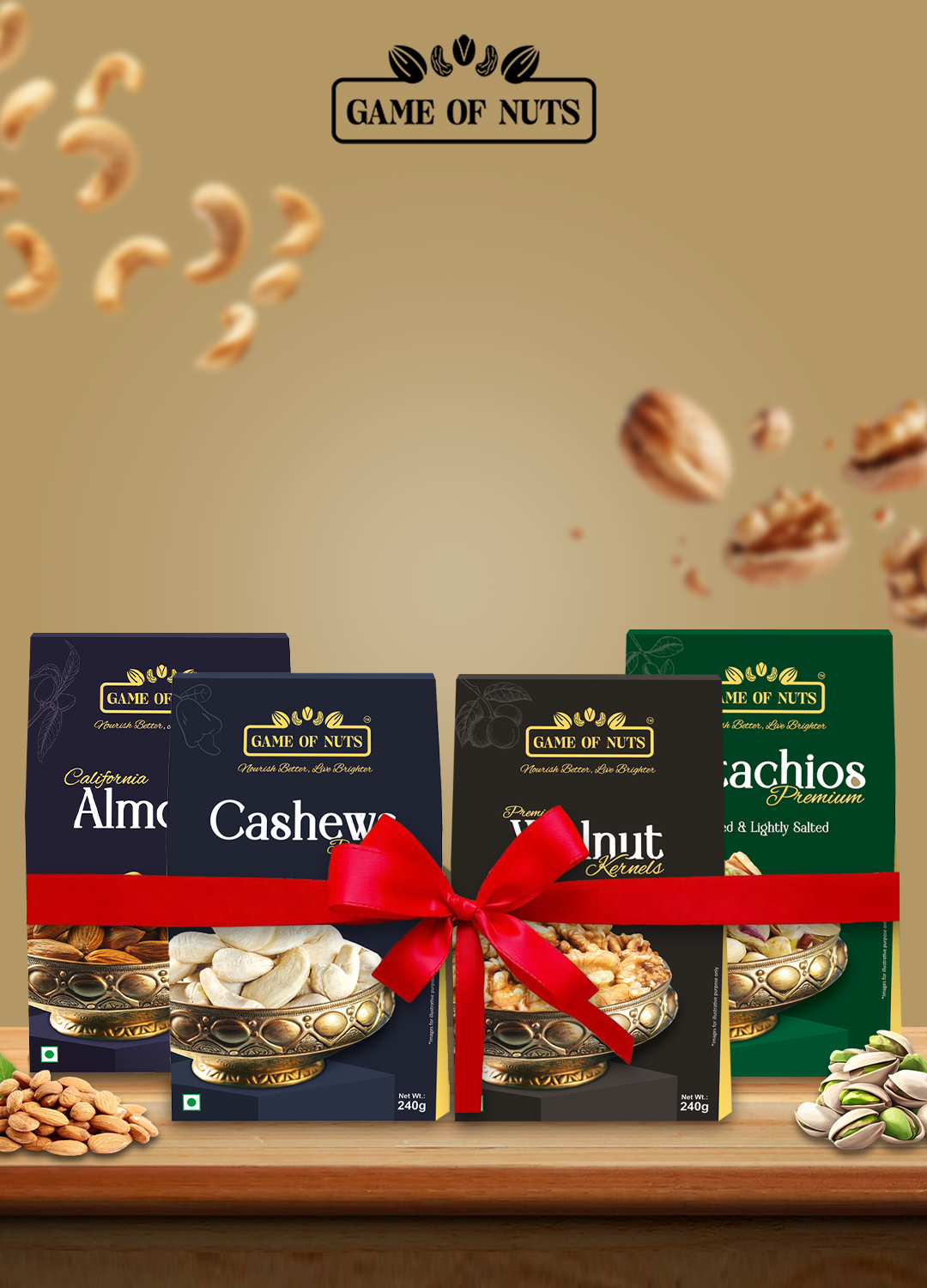 Walnut Kernels (2 Pc), Mamra Almonds, Cashews & Pistachios Combo – 240g Each