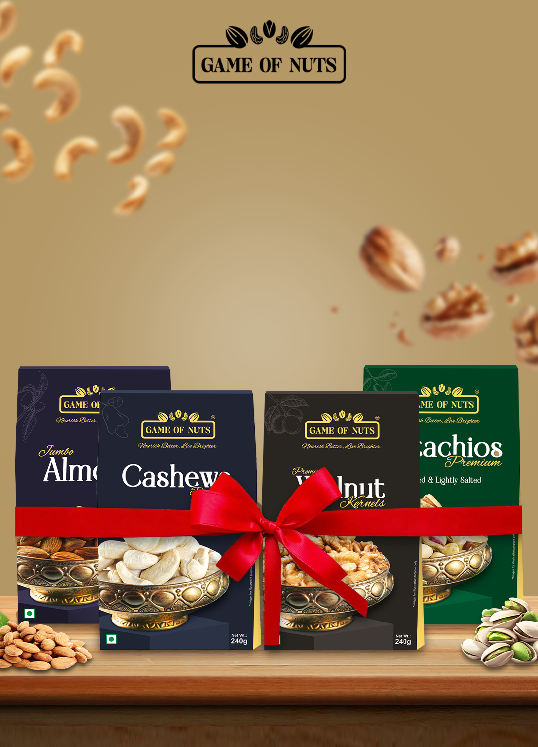 Jumbo Almonds, Walnut Kernels (2 Pc), Cashews & Pistachios Combo – 240g Each