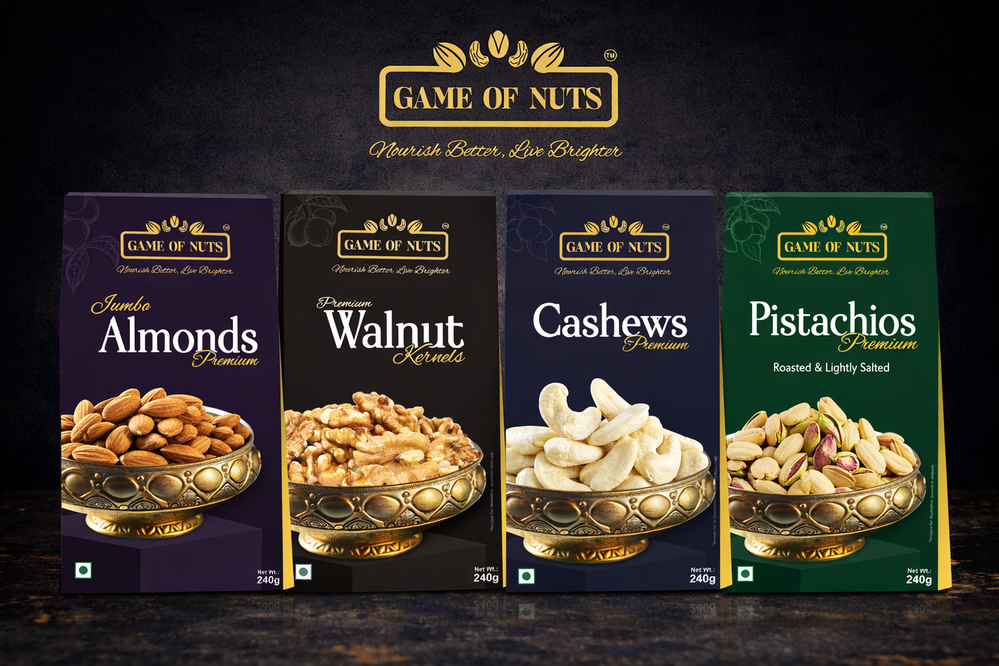 Jumbo Almonds, Walnut Kernels (2Pcs), Cashews & Pistachios Combo – 240gm Each