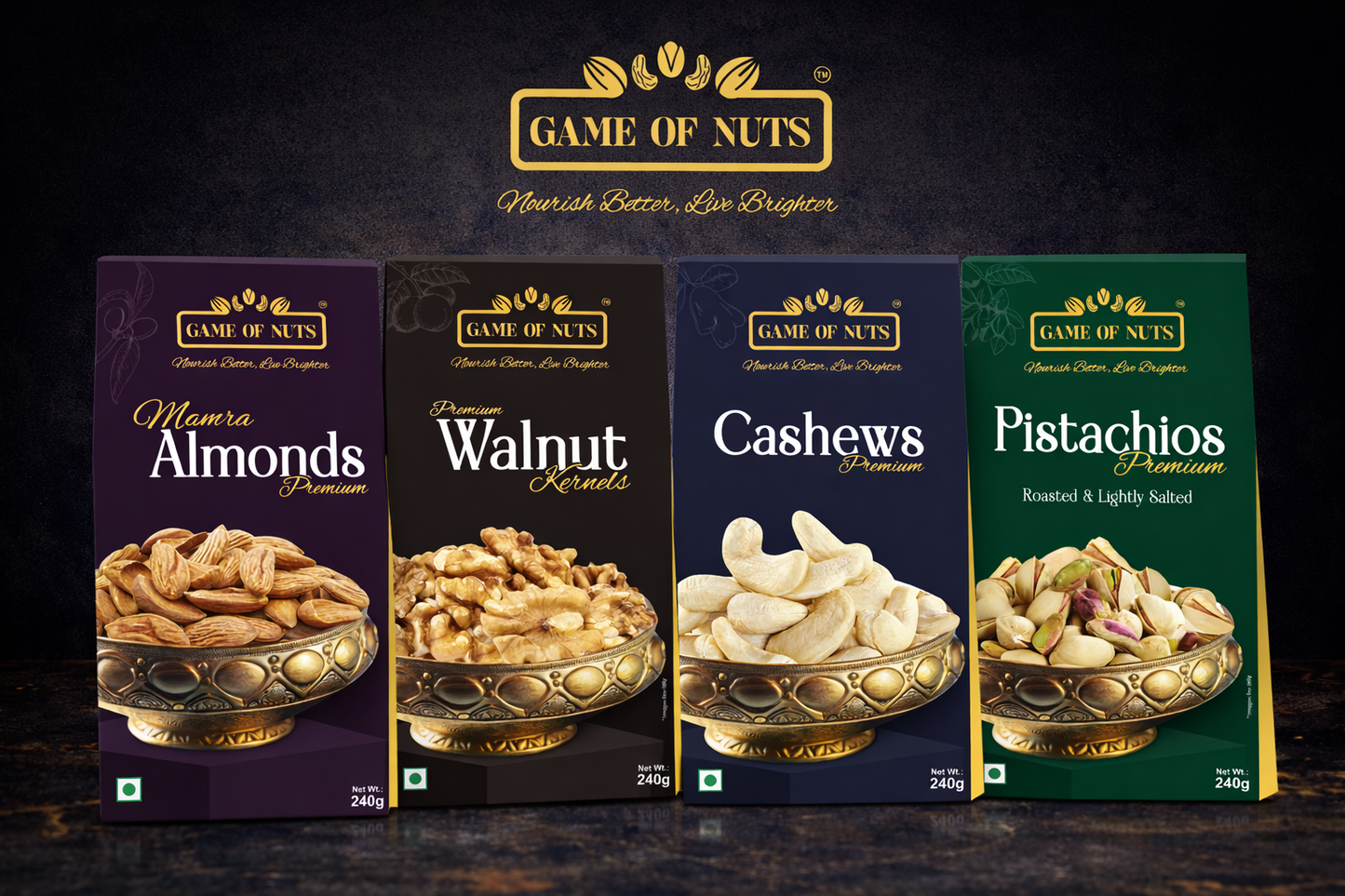 Walnut Kernels (2Pcs), Mamra Almonds, Cashews & Pistachios Combo – 240gm Each